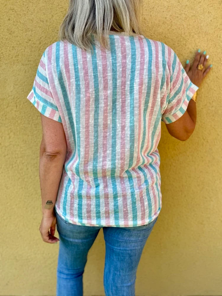 Teeshirt rayé Sofiano vert d'eau et rose