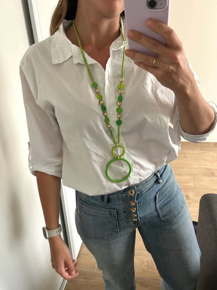 Collier sautoir perles et anneaux vert