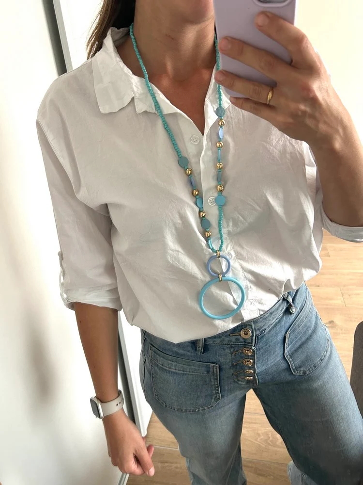 Collier sautoir perles et anneaux bleu