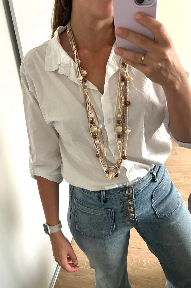 Collier sautoir Perles et Coquillages beige