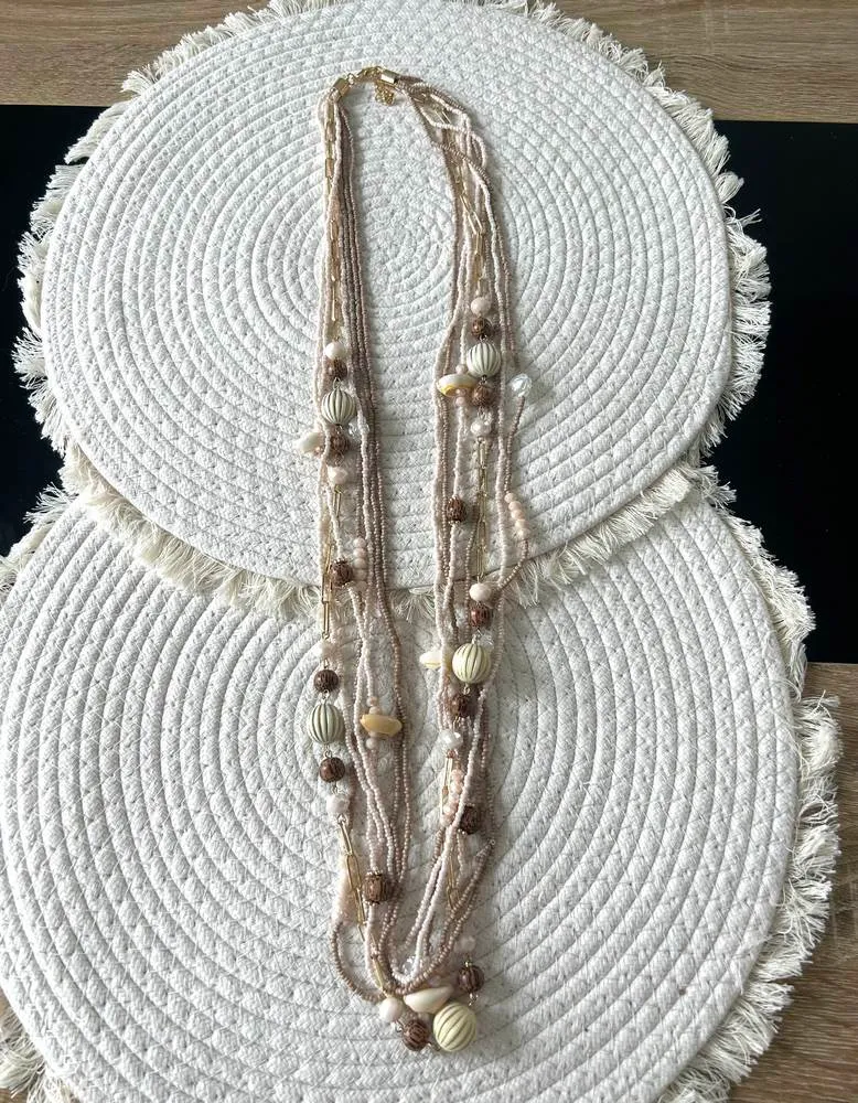 Collier sautoir Perles et Coquillages beige