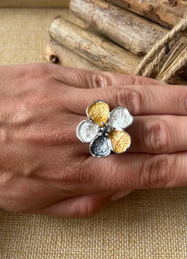 Bague Fleurs gris/orange