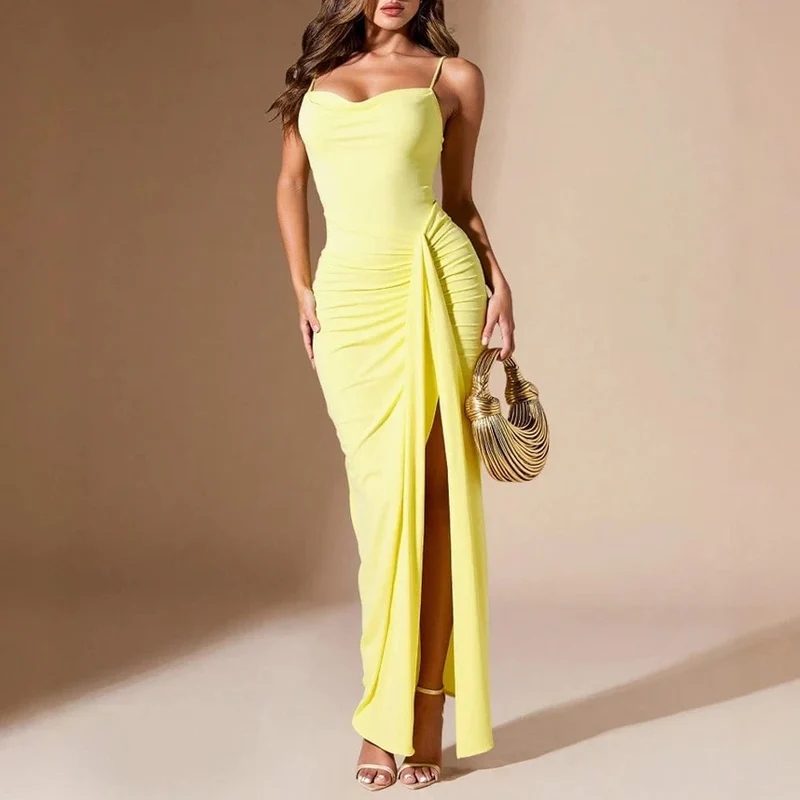 Robe de soirée jaune moulante drappée