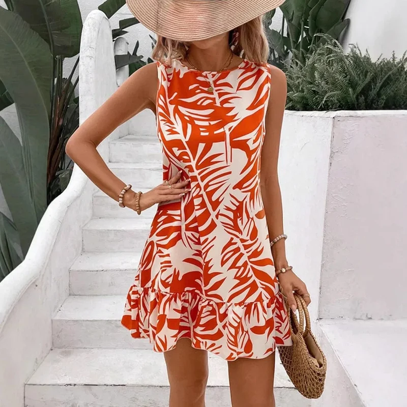 Robe été sans manches courte motif tropical