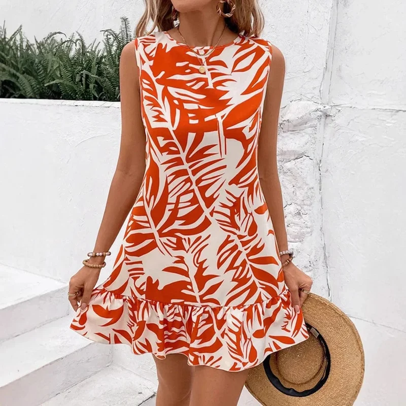 Robe été sans manches courte motif tropical