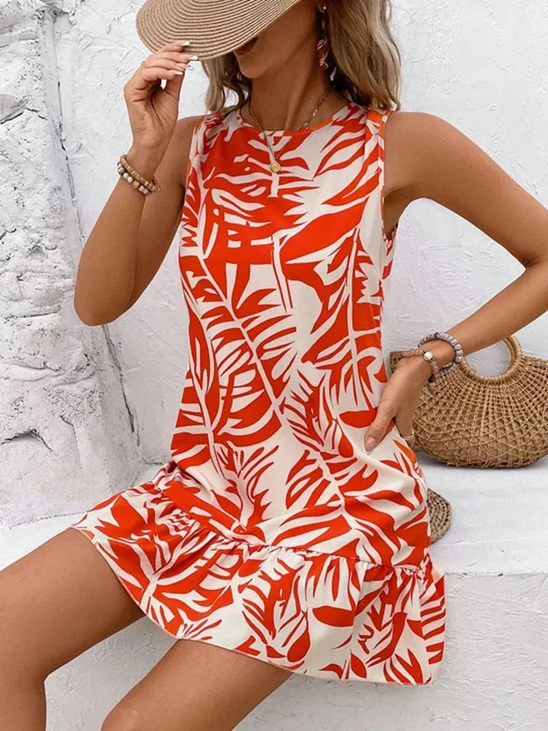 Robe été sans manches courte motif tropical