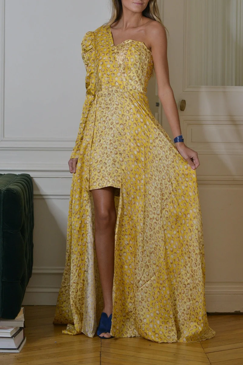 Robe asymétrique soie sauvage jaune