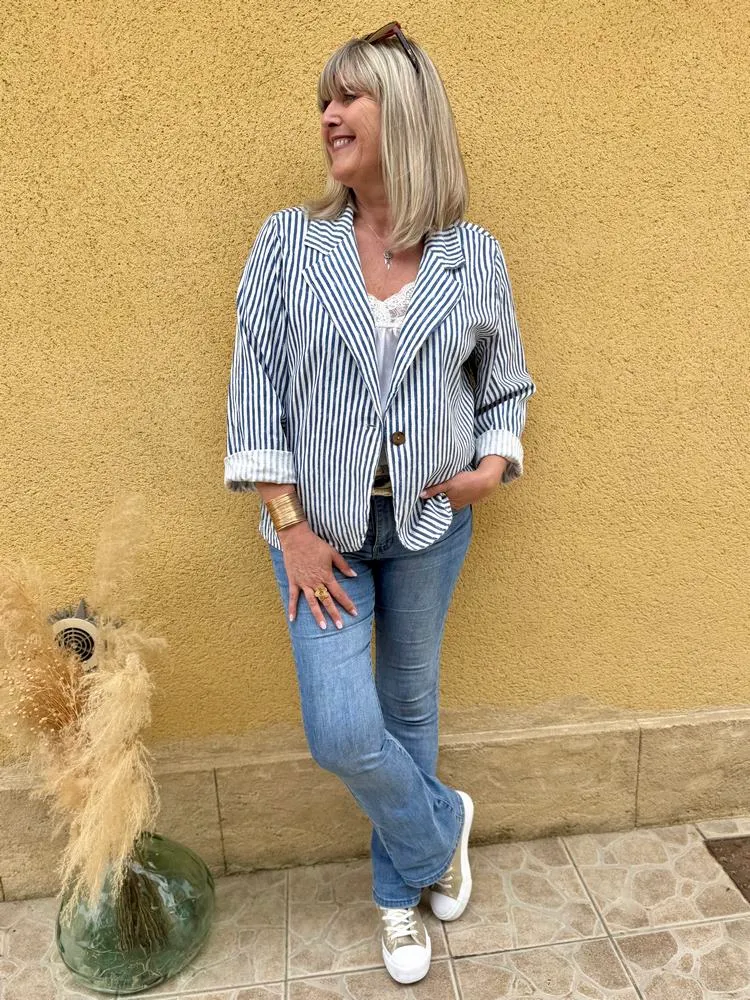 Veste tailleur coton et lin Alina bleu marine