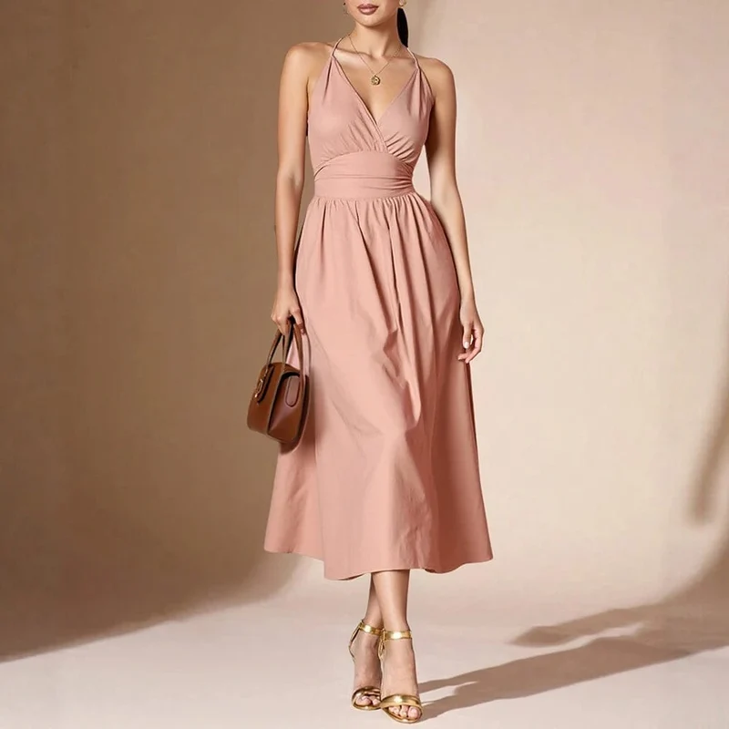 Robe rose poudrée midi évasée à bretelles