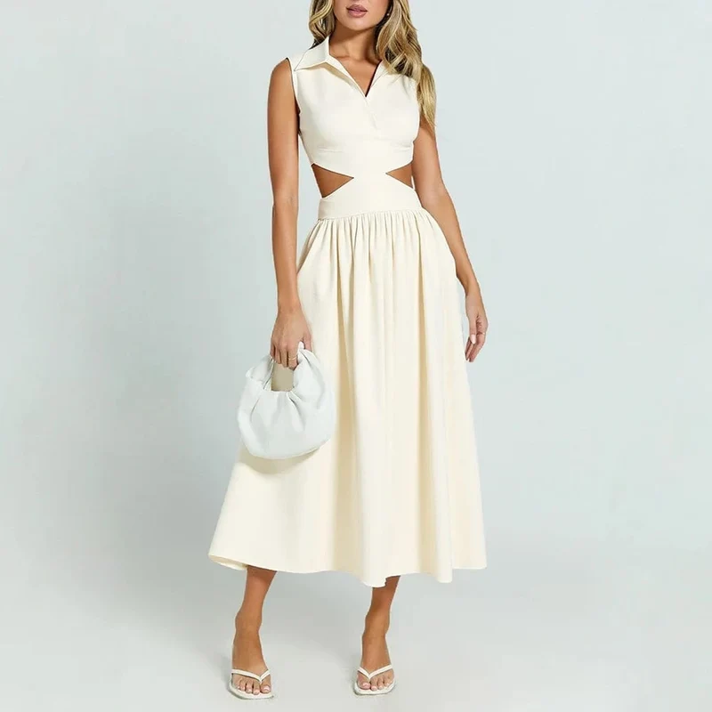 Robe évasée beige col chemise