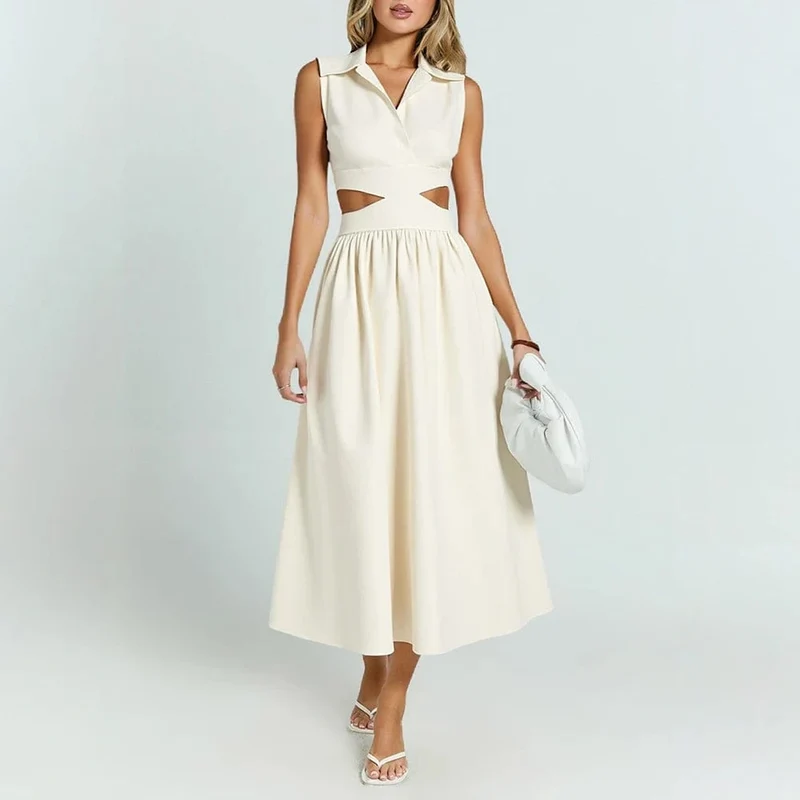 Robe évasée beige col chemise