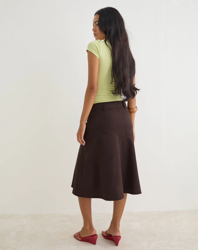 Jupe midi Cabot avec ceinture, en sergé de coton, couleur chocolat amer