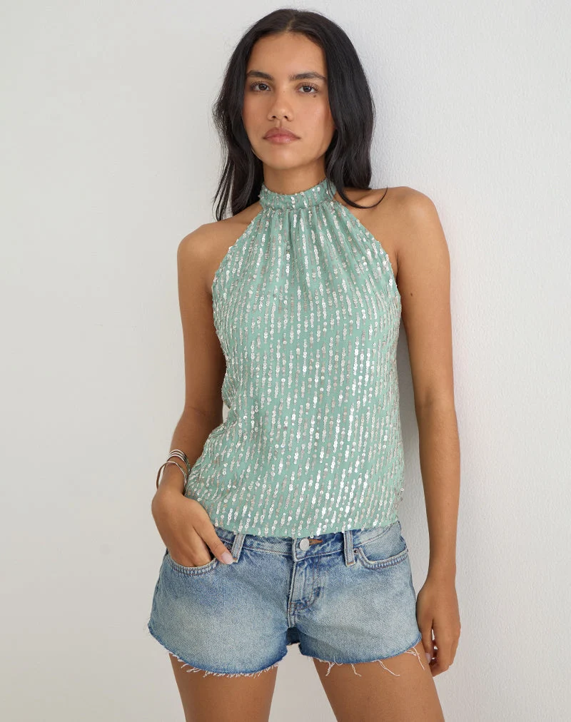 Haut à dos nu Beyi en mousseline à paillettes, couleur jade