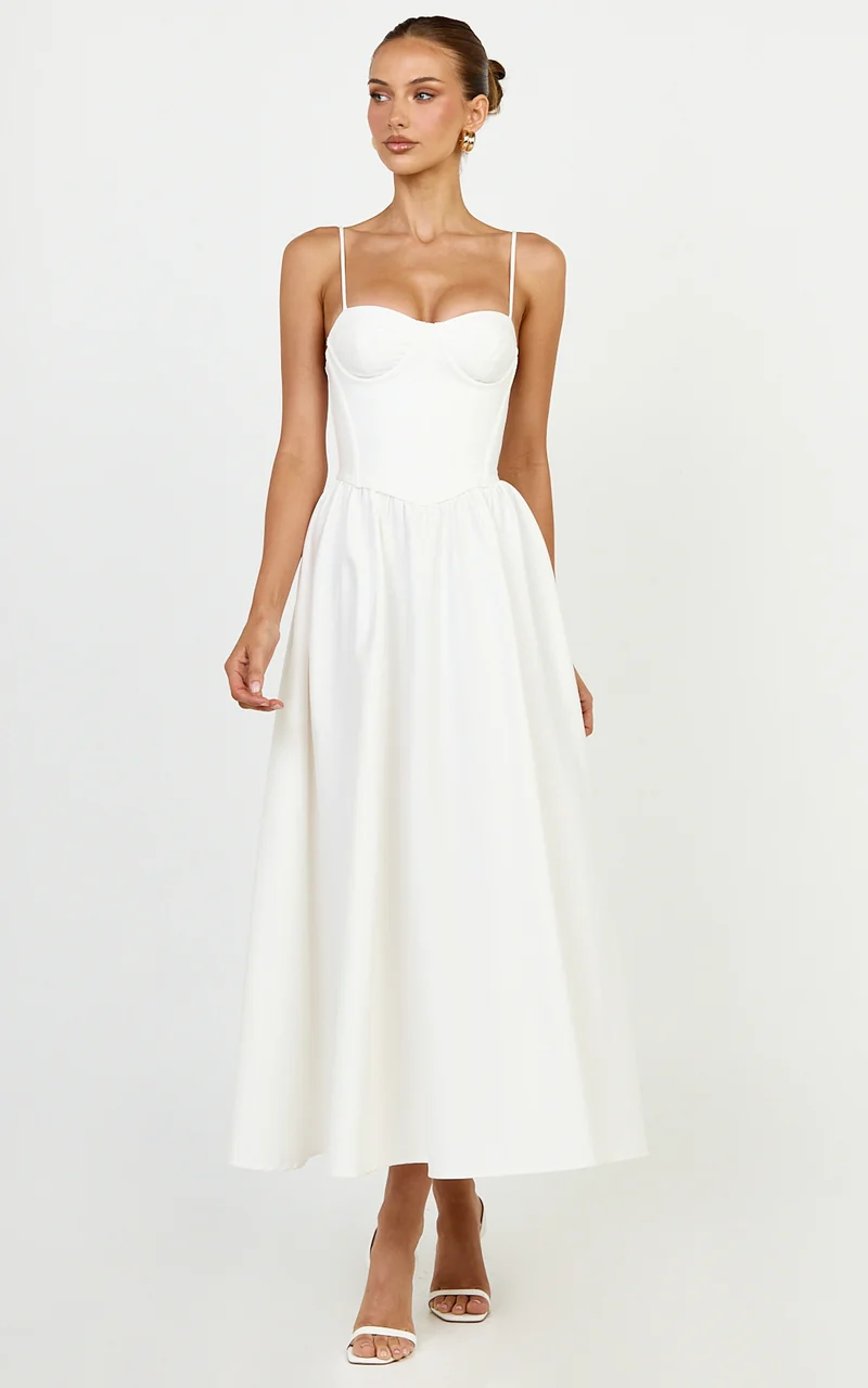Seren Midi Dress - Corset Bodice Fit And Flare Dress in White