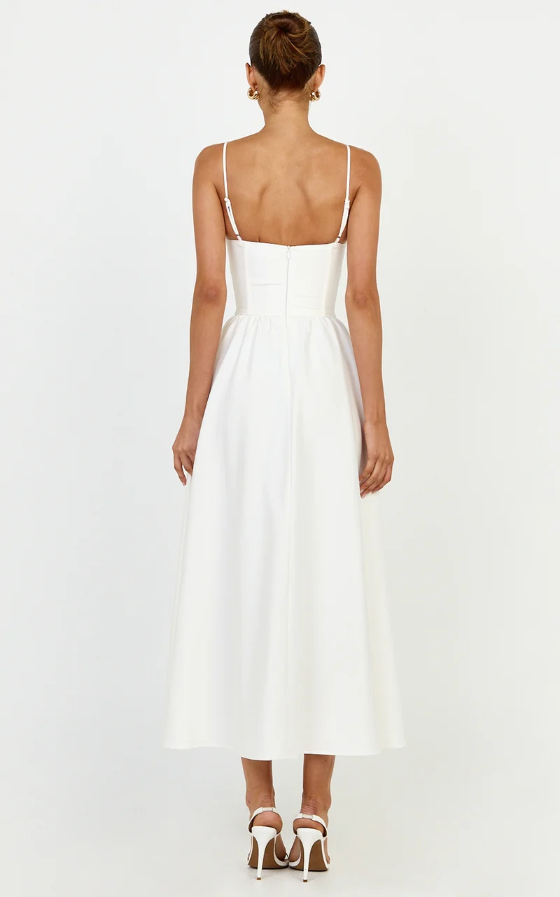 Seren Midi Dress - Corset Bodice Fit And Flare Dress in White