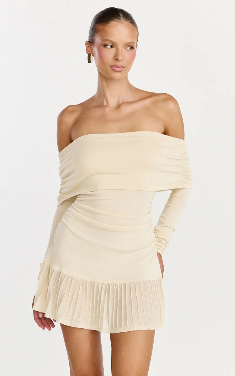 Roxy Mini Dress - Off Shoulder Long Sleeve Pleated Skirt Dress in Cream