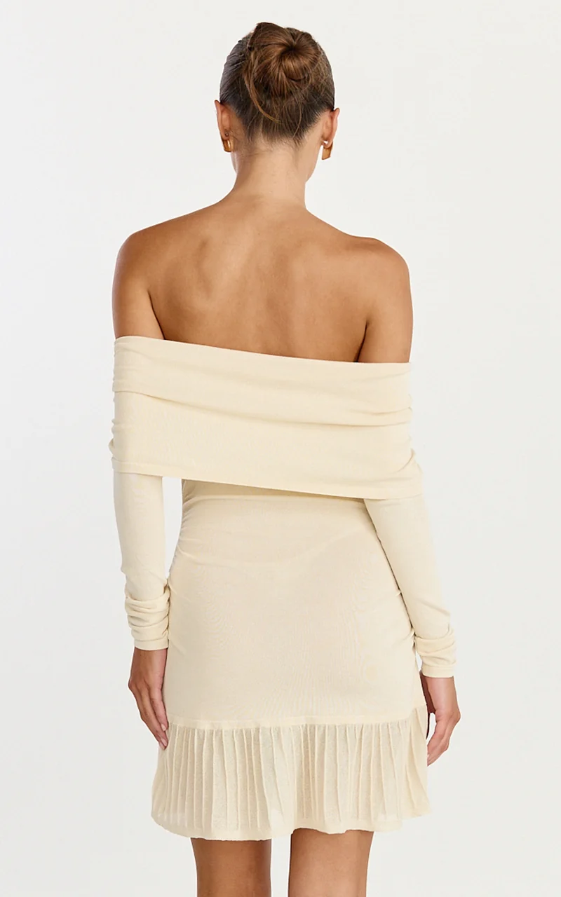 Roxy Mini Dress - Off Shoulder Long Sleeve Pleated Skirt Dress in Cream