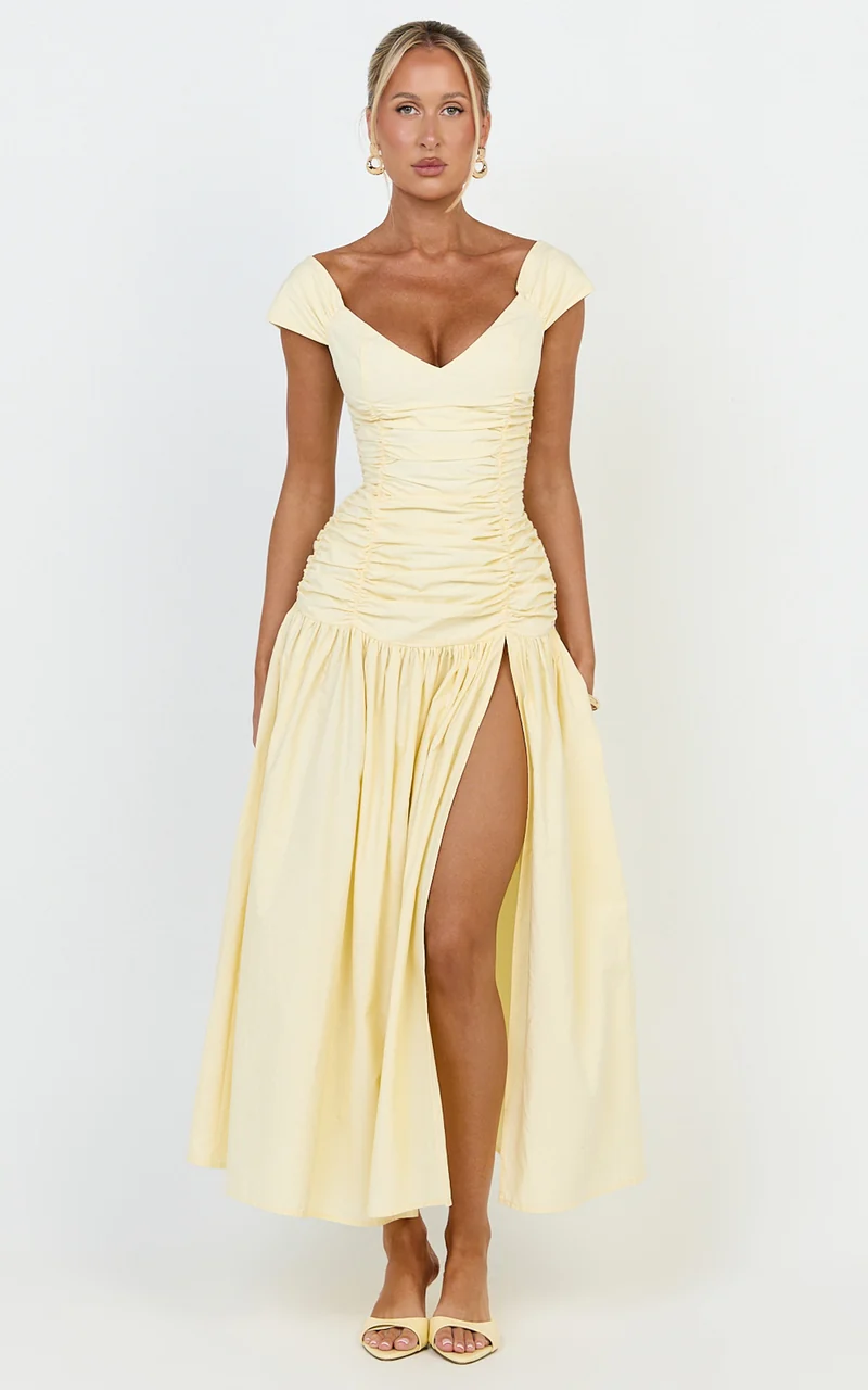 Saphira Midi Dress - Off Shoulder Plunge Frill Hem Dress in Lemon