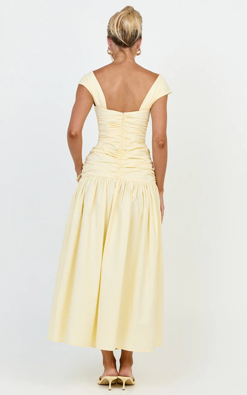 Saphira Midi Dress - Off Shoulder Plunge Frill Hem Dress in Lemon