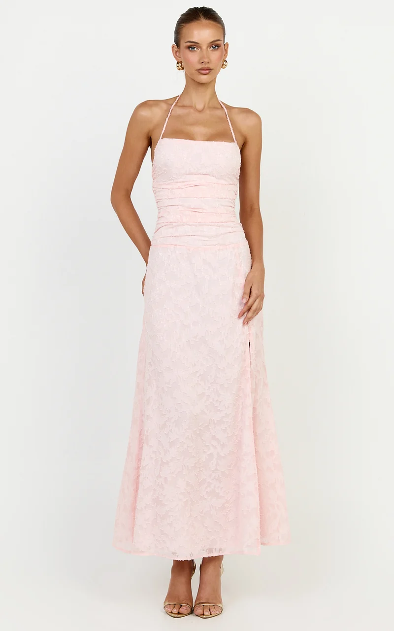 Seraphina Midi Dress - Gathered Bodice Halter Clipped Jacquard Dress in Pink