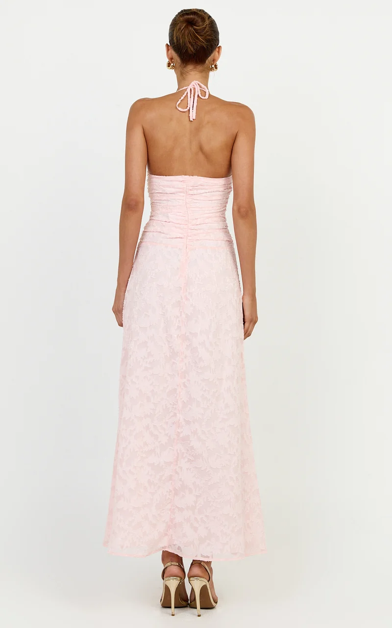 Seraphina Midi Dress - Gathered Bodice Halter Clipped Jacquard Dress in Pink