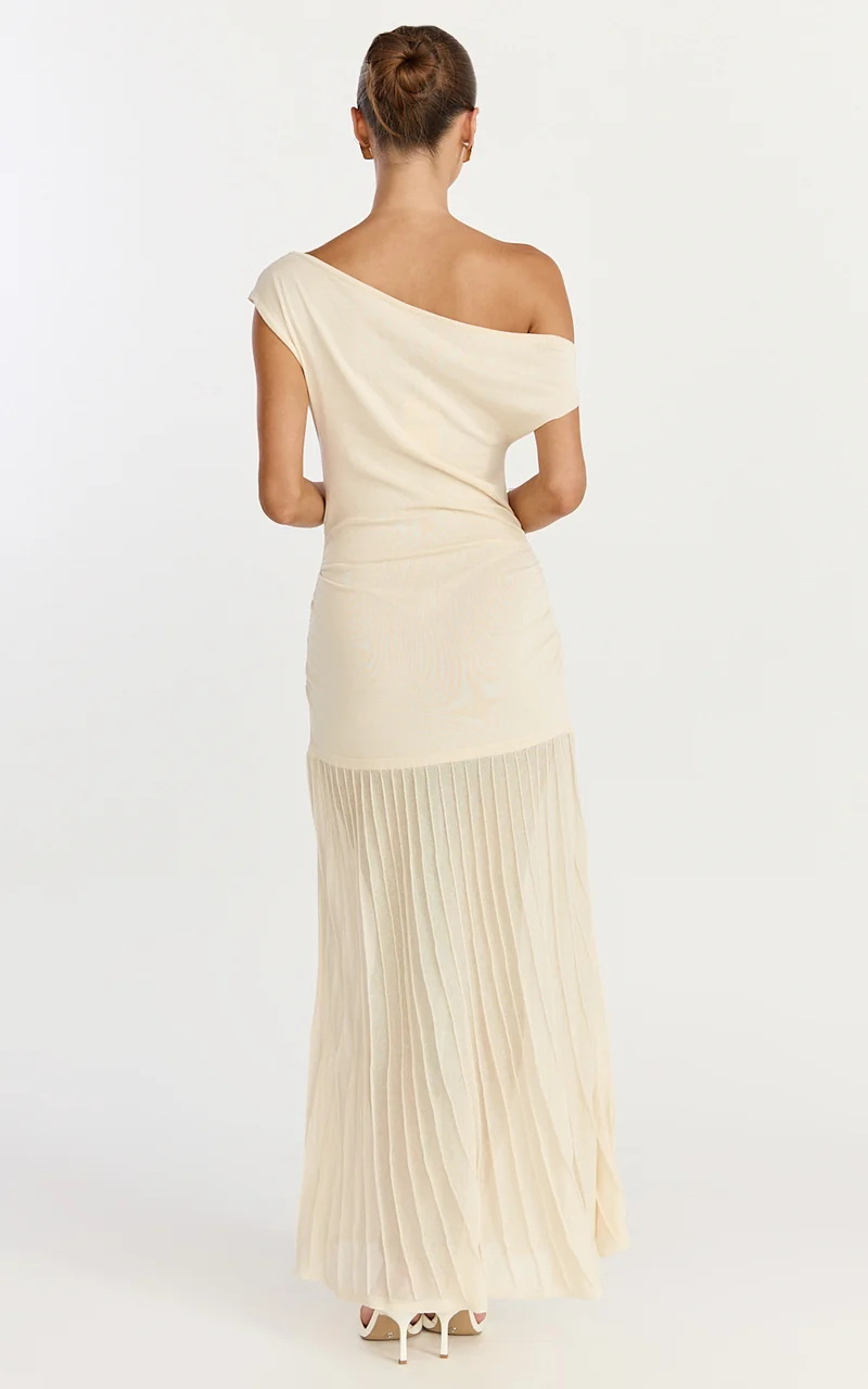 Roxy Maxi Dress - One Shoulder Pleated Skirt Knitted Dress in Cream