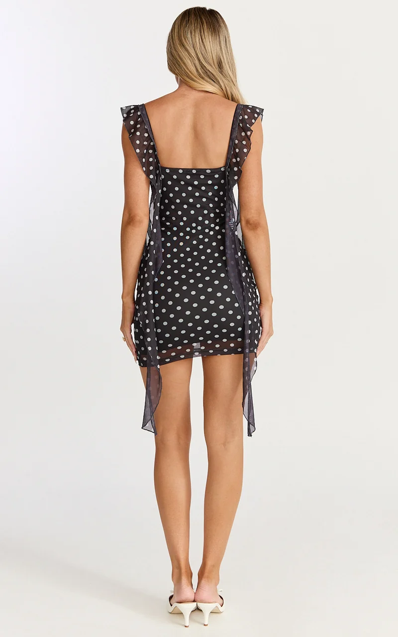 Rosha Mini Dress - Ruffle Strap Dress in White/Black