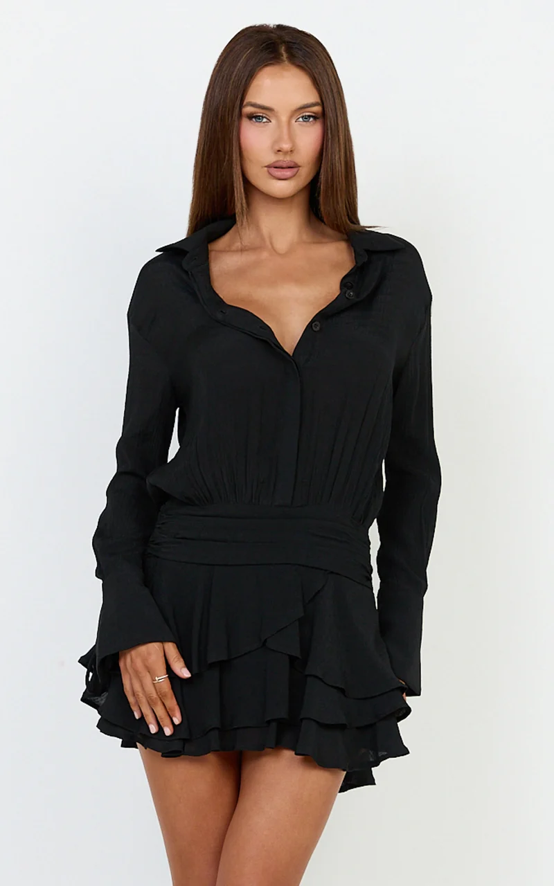 Reef Mini Dress - Long Sleeve Ruffle Skirt Shirt Dress in Black