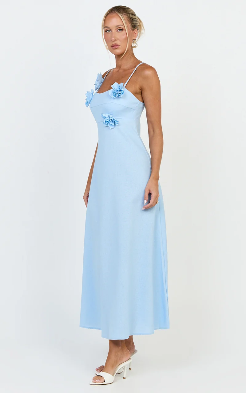Ondine Midi Dress- 3D Flower Strappy Dress in Blue