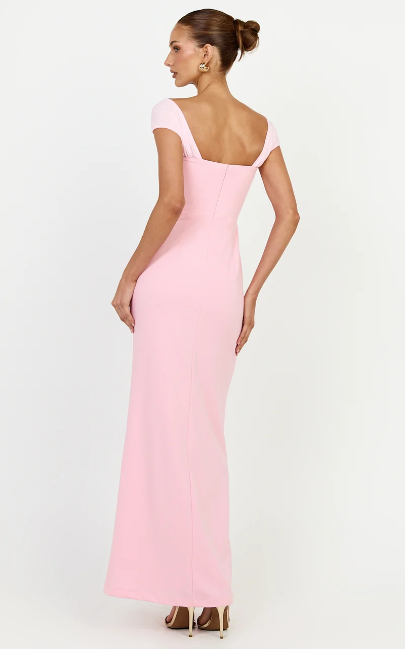 Malibu Maxi Dress - Off Shoulder High Split Dress in Pink