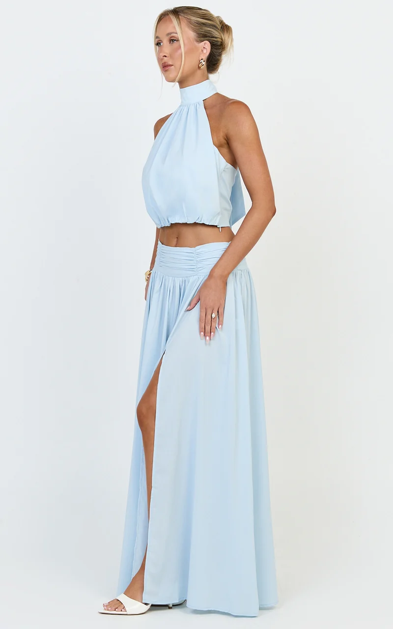 Melanie Maxi Skirt - Gathered Yoke Skirt in Pale Blue