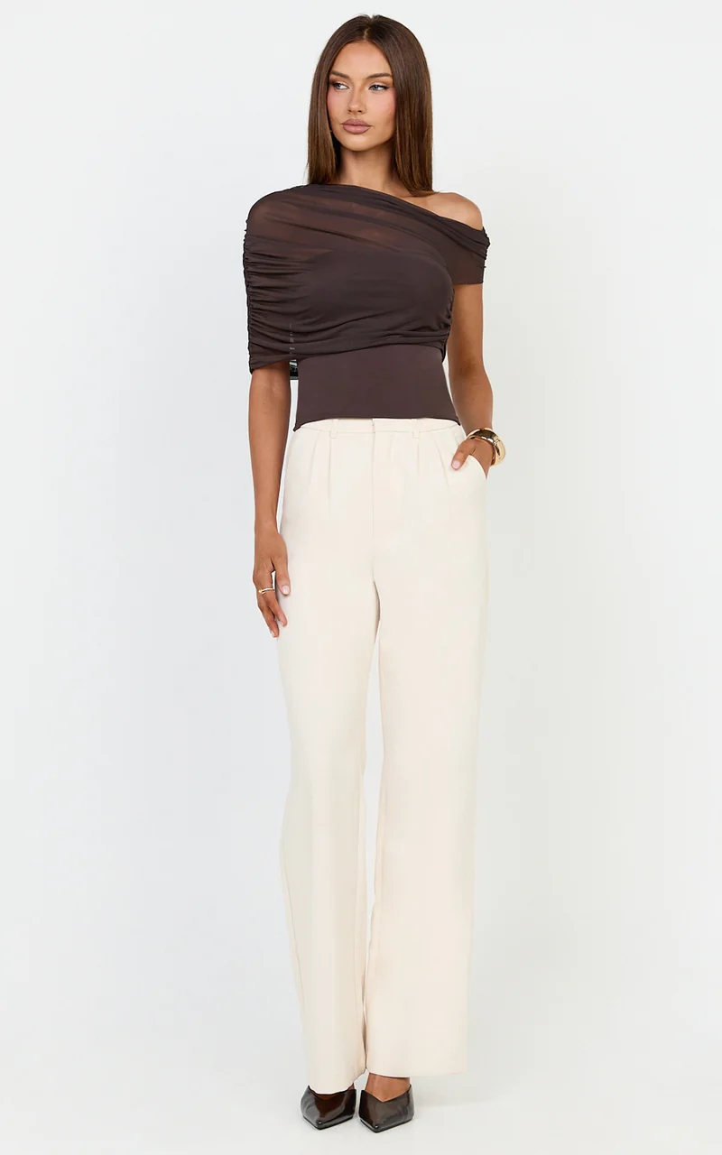 Sophia Top - Draped One Shoulder Mesh Overlay Top in Chocolate