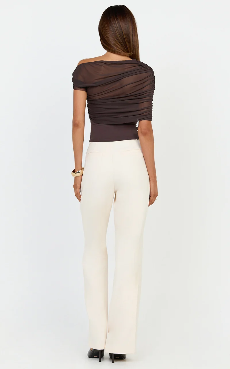 Sophia Top - Draped One Shoulder Mesh Overlay Top in Chocolate