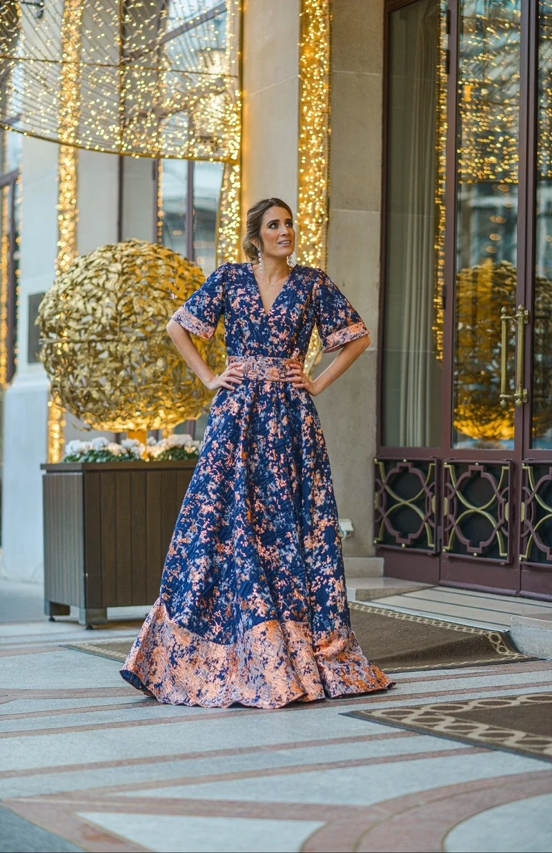 Robe longue en jacquard bleu marine