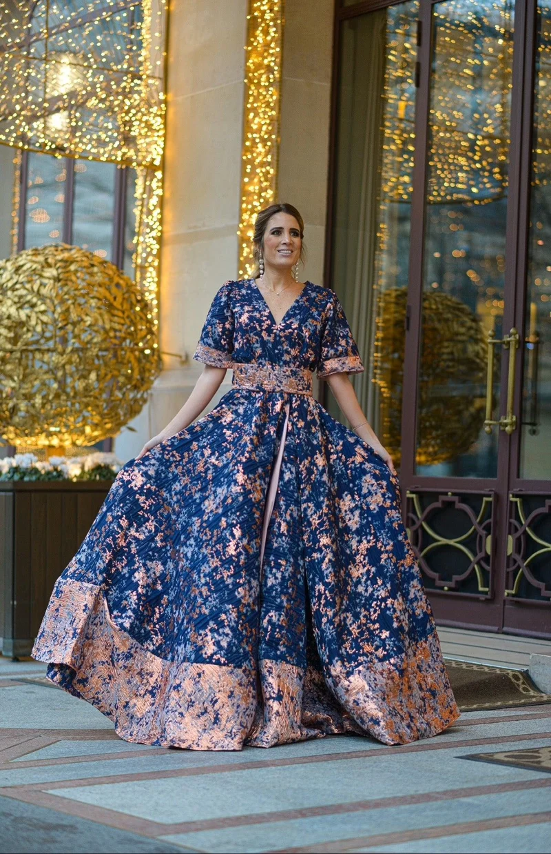 Robe longue en jacquard bleu marine