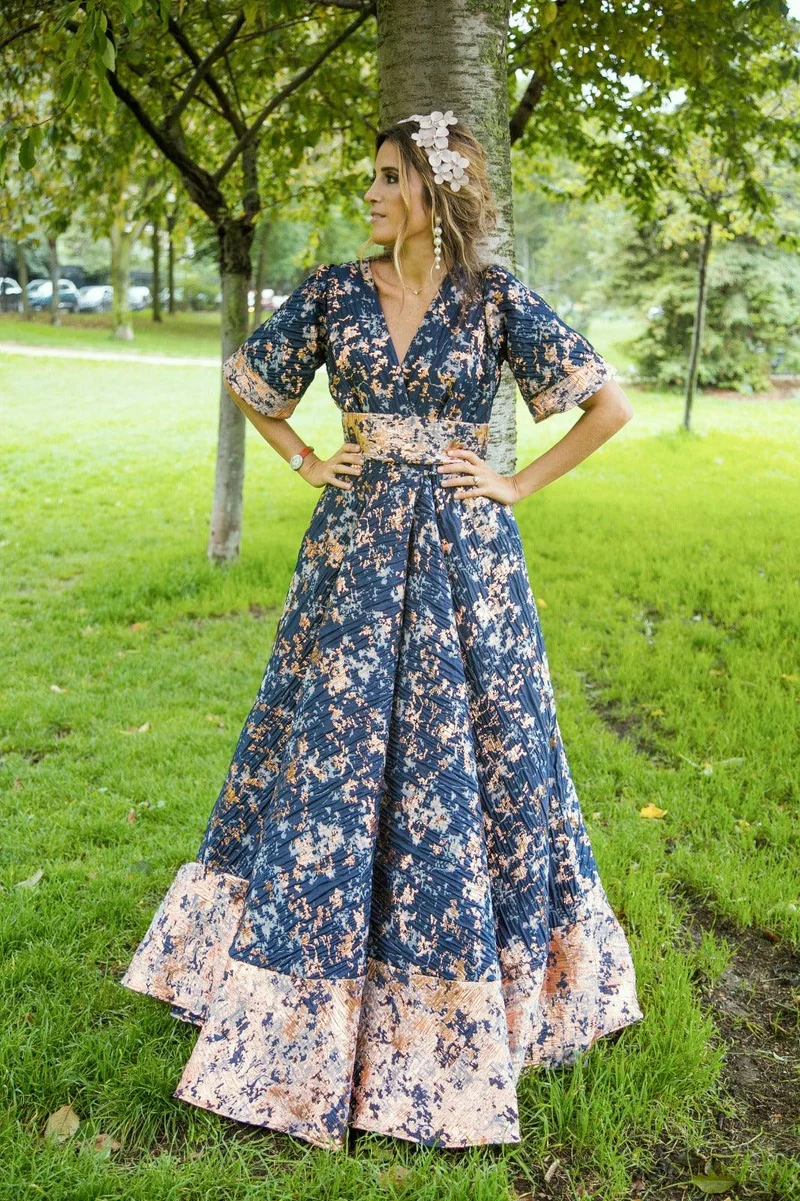 Robe longue en jacquard bleu marine
