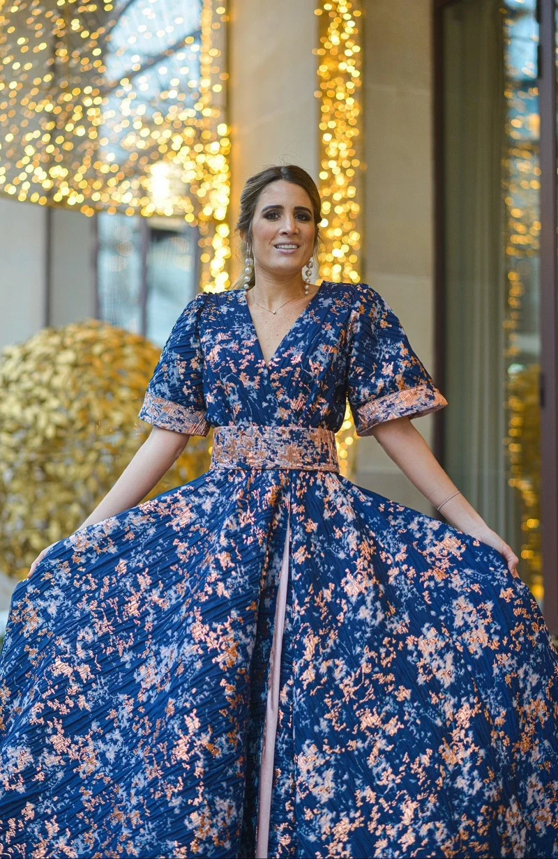 Robe longue en jacquard bleu marine