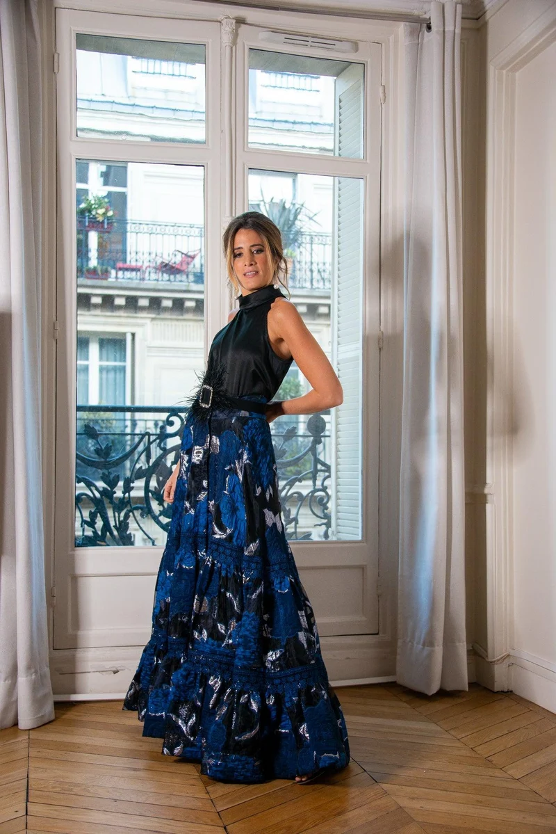 Jupe longue fleurs bleu marine
