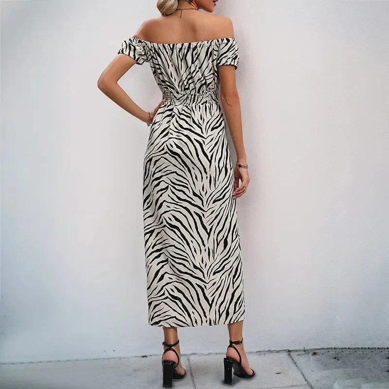 Robe d'été motif zebré fendue épaules dénudées