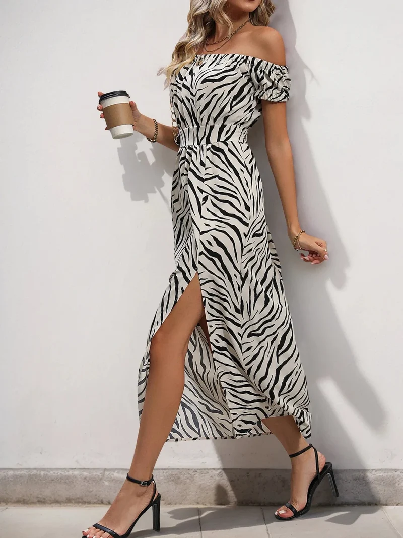 Robe d'été motif zebré fendue épaules dénudées