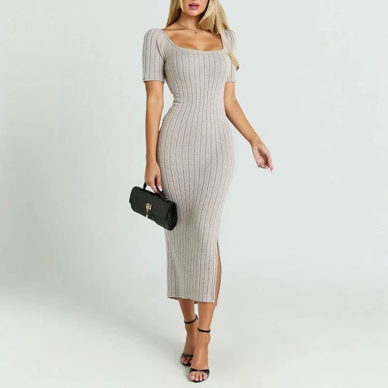 Robe casual beige moulante manches courtes
