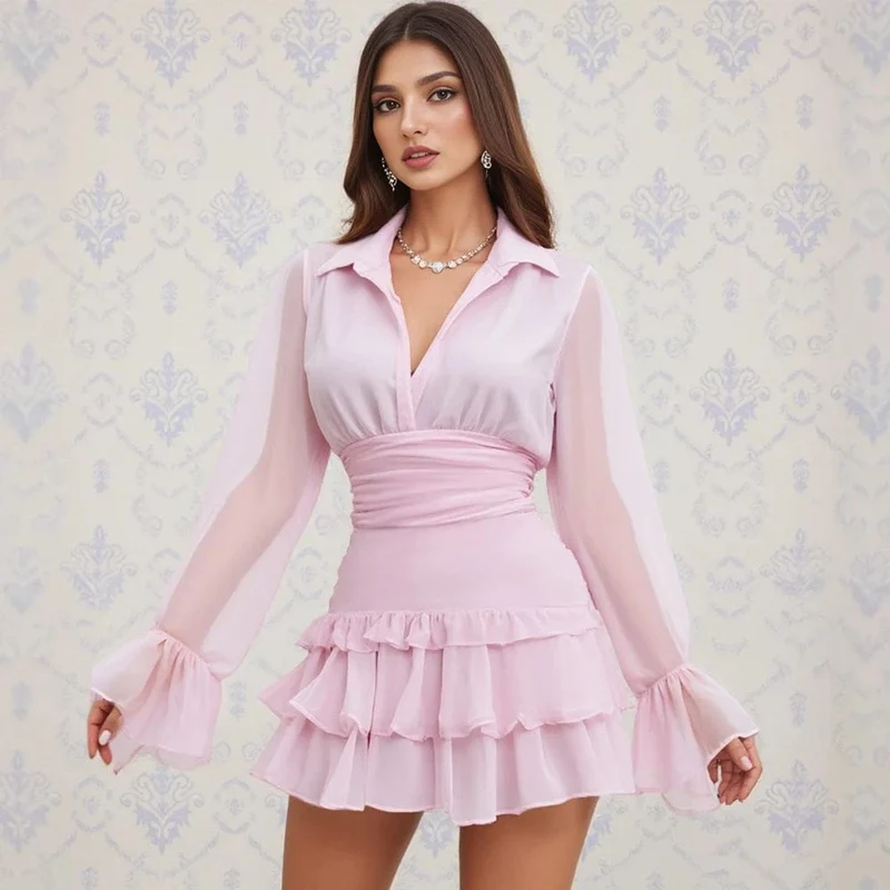 Robe rose bon bon courte manches transparentes