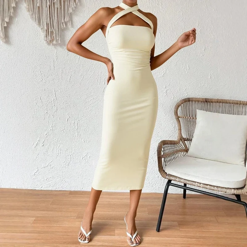 Robe moulante jaune midi sans manches