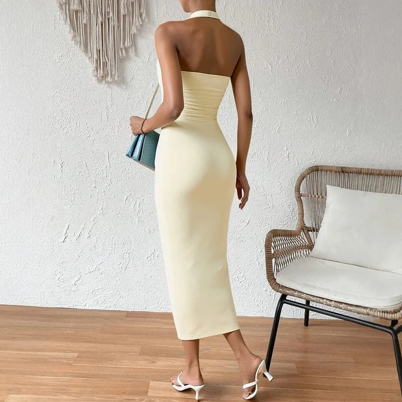 Robe moulante jaune midi sans manches