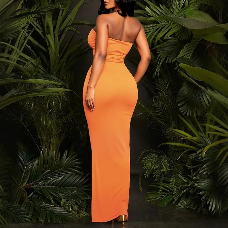 Robe bustier longue orange fendue