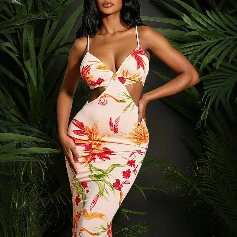 Robe fleurie sexy longue à bretelles fines