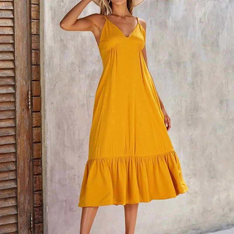 Robe bohème midi jaune à bretelles fines