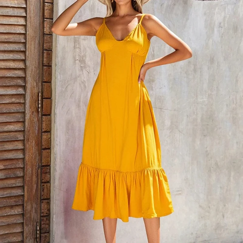 Robe bohème midi jaune à bretelles fines