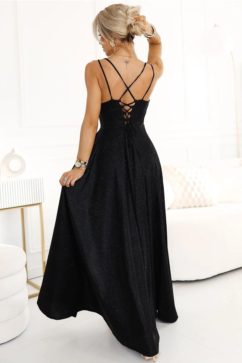 Robe de soirée noire scintillante longue fendue