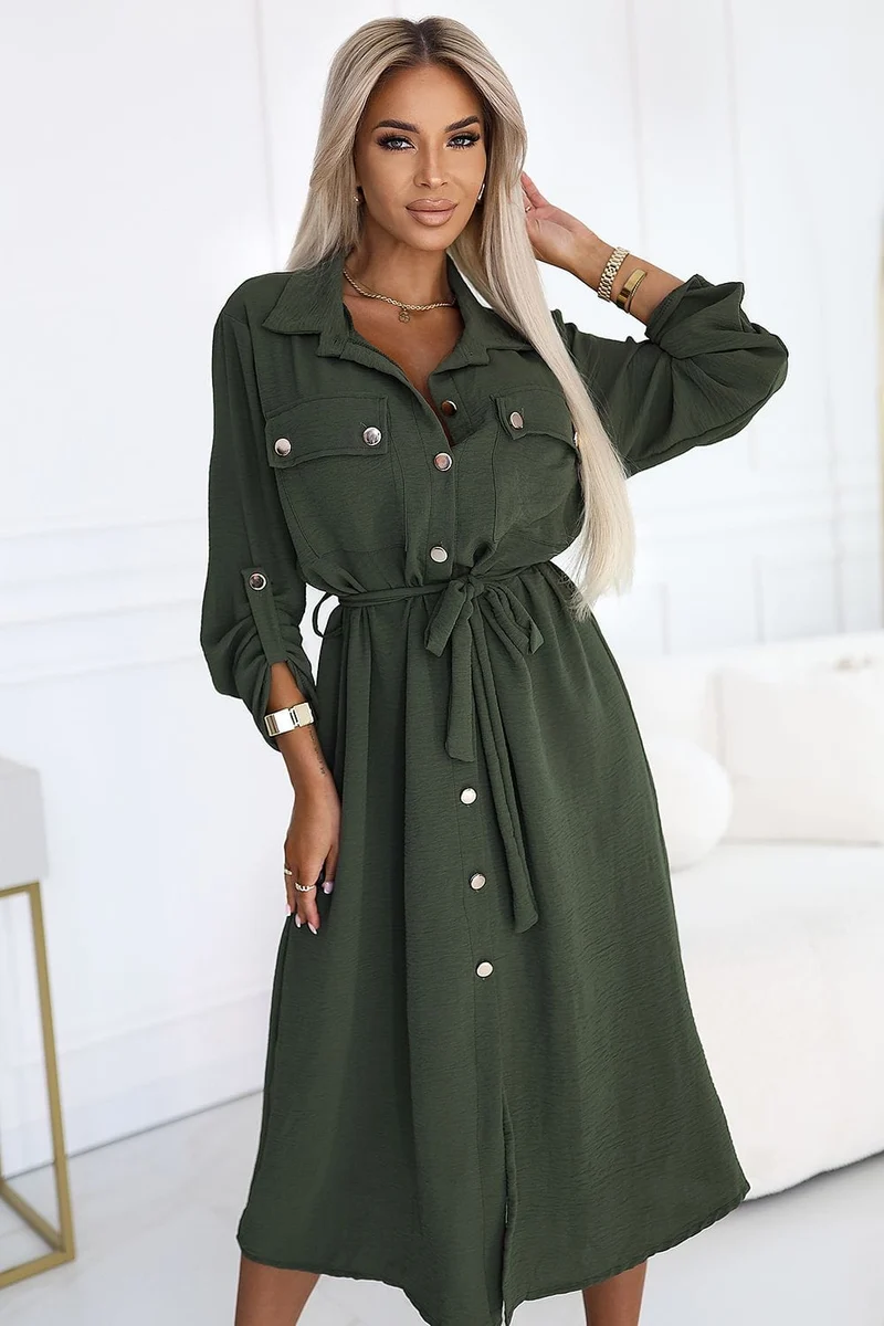 Robe chemise verte manches longues